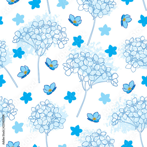 Vector seamless pattern with outline Forget me not or Myosotis flower bunch and bud in pastel blue on the white background. Floral pattern with Forget-me-not in contour style for summer design.