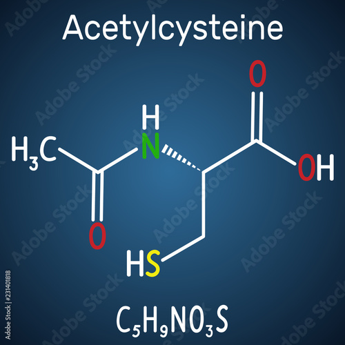 Acetylcysteine (N-acetylcysteine, NAC) drug molecule. Structural chemical formula and molecule model on the dark blue background