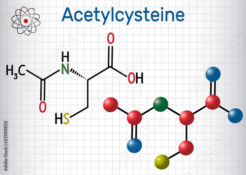 Acetylcysteine (N-acetylcysteine, NAC) drug molecule. Structural chemical formula and molecule model. Sheet of paper in a cage