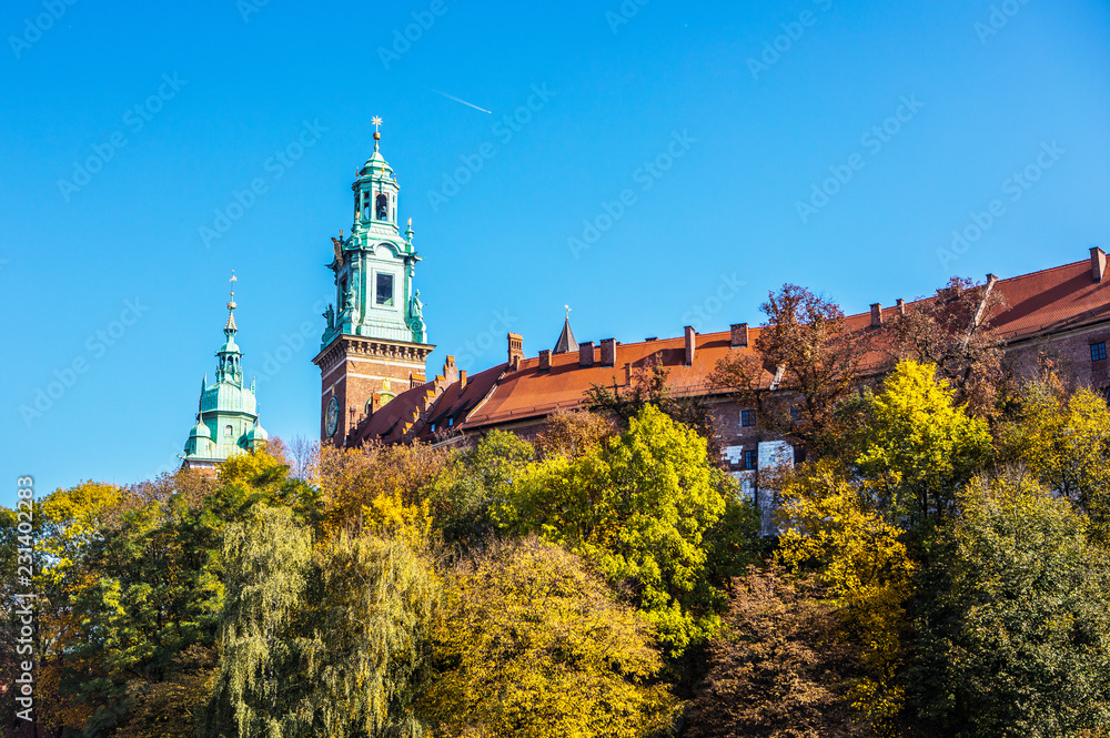 General view of Wawel Castle in sunny day. Residency located in central Kraków, Poland. For centuries residence of kings and the symbol of Polish statehood.