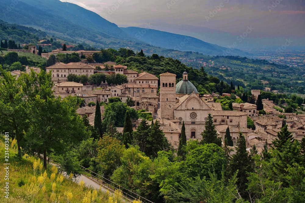 Bird view from the fortress to the town of Assisi with famous cathedral of San Francesco