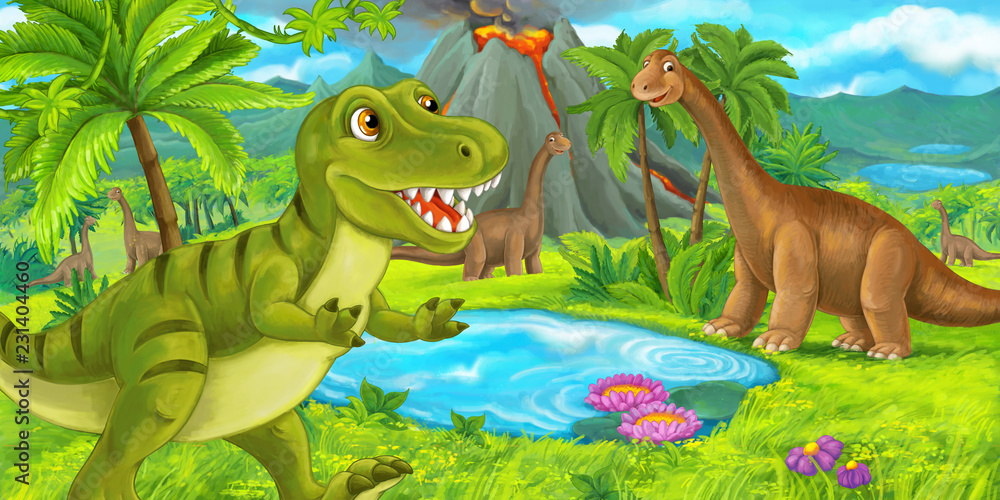 Naklejka kreskówka scena ze szczęśliwym dinozaurem tyranozaurem rexem w pobliżu wybuchającego wulkanu i diplodokiem - ilustracja dla dzieci