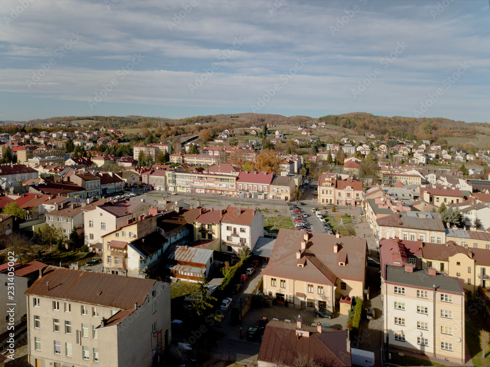 Strzyzow, Poland - 9 9 2018: Photograph of the old part of a small town from a bird's flight. Aerial photography by drone or quadrocopter. Advertise tourist places in Europe. Planning a medieval town.