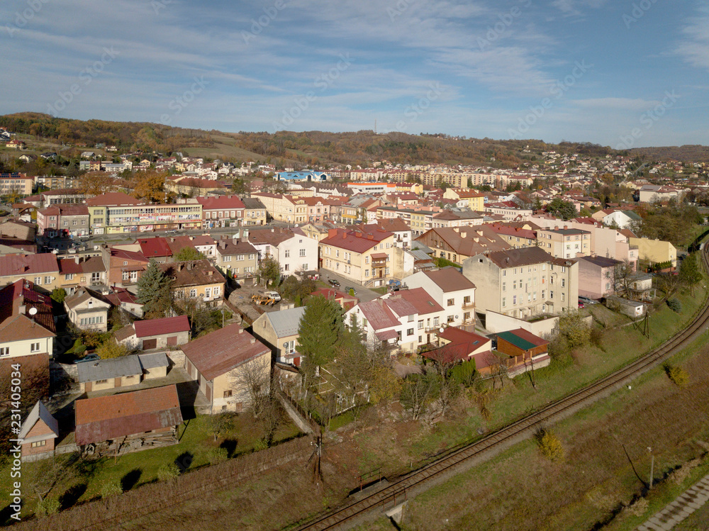 Strzyzow, Poland - 9 9 2018: Photograph of the old part of a small town from a bird's flight. Aerial photography by drone or quadrocopter. Advertise tourist places in Europe. Planning a medieval town.