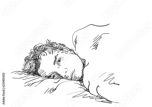 Sketch of handsome man laying in bed with sleepy open eyes, Hand drawn vector illustration with cross hatching