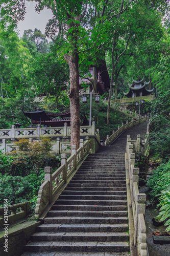 Steps leading to traditional Chinese architecture near Lingyin Temple  Hangzhou  China