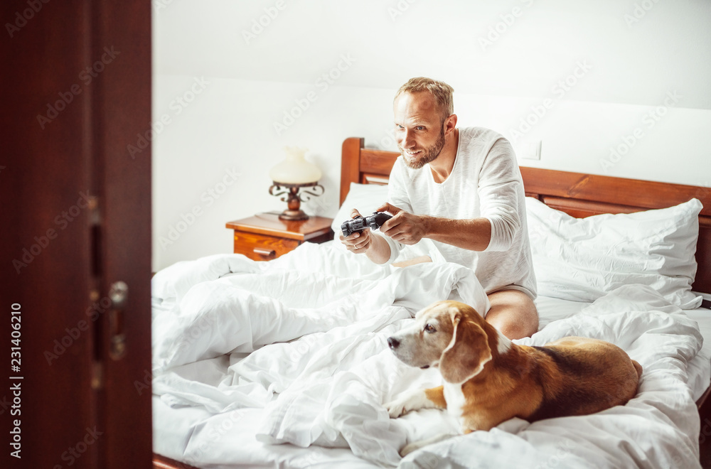Man plays PC games sitting in bed at morning time. His beagle dog watching  the game with very interest. Stock-foto | Adobe Stock