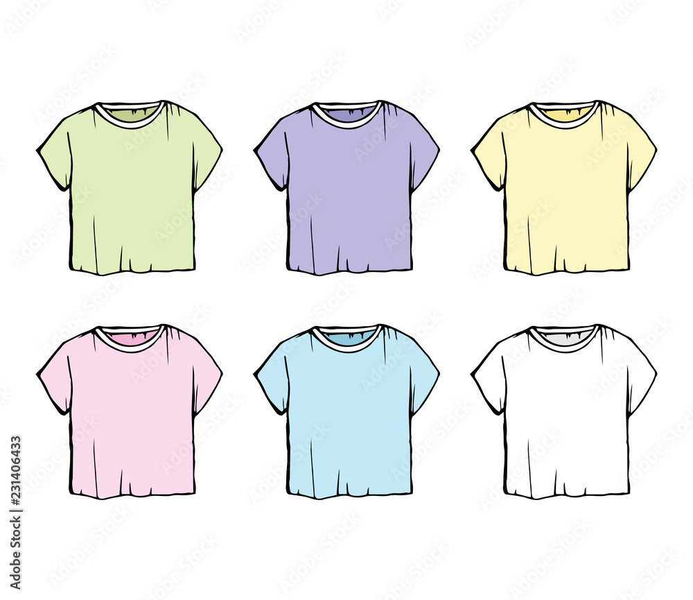 collection of fashion contour illustration of T-shirts. Pastel set. Fashionable vector drawing of a female coat. Autumn seasonal clothes collection of fashion contour illustration of T-shirts. Pastel set. Fashionable vector drawing of a female coat. Autumn seasonal clothes