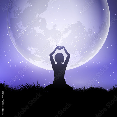 Female in yoga pose against a moonlit sky