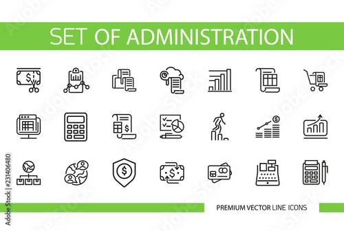 Set of administration line icons. Document, archive, finances. Accounting or banking concept. Can be used for topics like bookkeeping, information, business