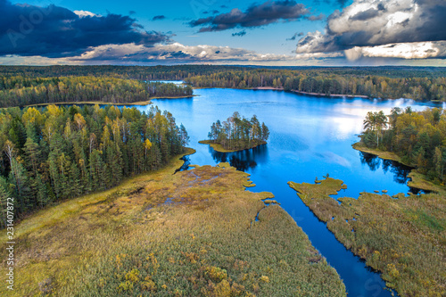 Forest lake from a height. Wild nature. An island in the middle of the lake. Forest. Lake with islands.
