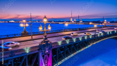 Saint Petersburg. Neva River. Trinity Bridge. Petersburg in the winter. Russia. Peter-Pavel's Fortress. Evening Petersburg. Architecture of Russia. Bridges of St. Petersburg. Cities of Russia.