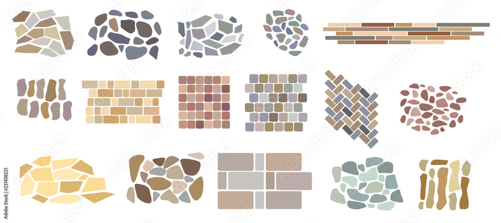 Naklejka premium Set of vector paving tiles and bricks patterns from natural stone.