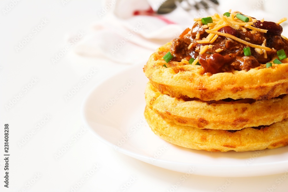Homemade Cornmeal Waffles with Chili beef / Thanksgiving breakfast
