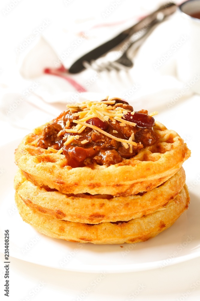 Homemade Cheddar Cornbread Waffles served with Chili /Thanksgiving breakfast Homemade Cheddar Cornbread Waffles served with Chili /Thanksgiving breakfast