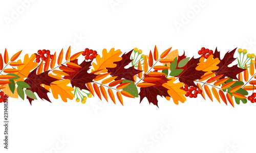 Autumn leaves seamless garland decor, included rowan berries bunch, oak leaf, maple leaf, acorns. Autumn vector illustration for greeting card, mid season sale banner, vindows decal, sticker 