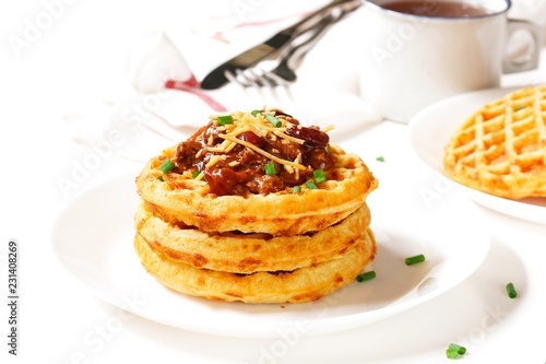 Homemade Cheddar Cornbread Waffles served with Chili /Thanksgiving breakfast