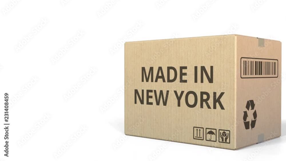 Falling carton with MADE IN NEW YORK text, 3D animation Falling carton with MADE IN NEW YORK text, 3D animation