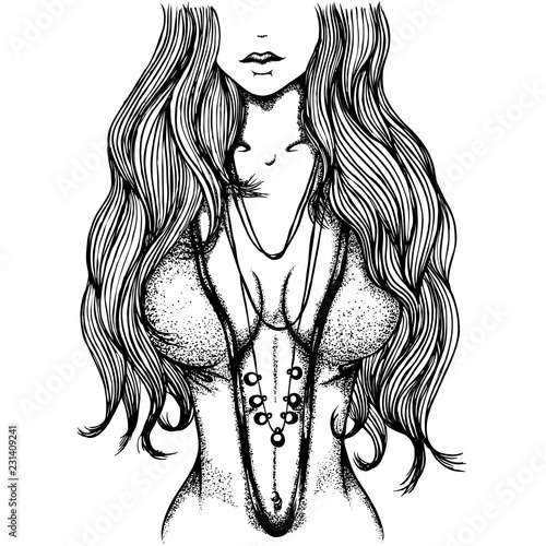 Hand drawn vector illustration. Sexy figure of a girl with big breasts in a deep neckline isolated on white background. Comic style