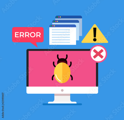Laptop computer pc with virus bug error windows interface. Internet crime concept. Vector flat cartoon isolated graphic design illustration