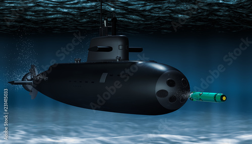 Cuadro en lienzo Submarine with torpedo underwater, 3D rendering