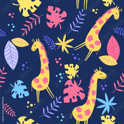 Vector seamless pattern with cute yellow giraffe and colorful tropical leaves