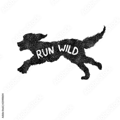 Running dog silhouette with ibscription lettering Run Wild. Hand drawn raster illustration. Freedom concept.  © zlata_titmouse
