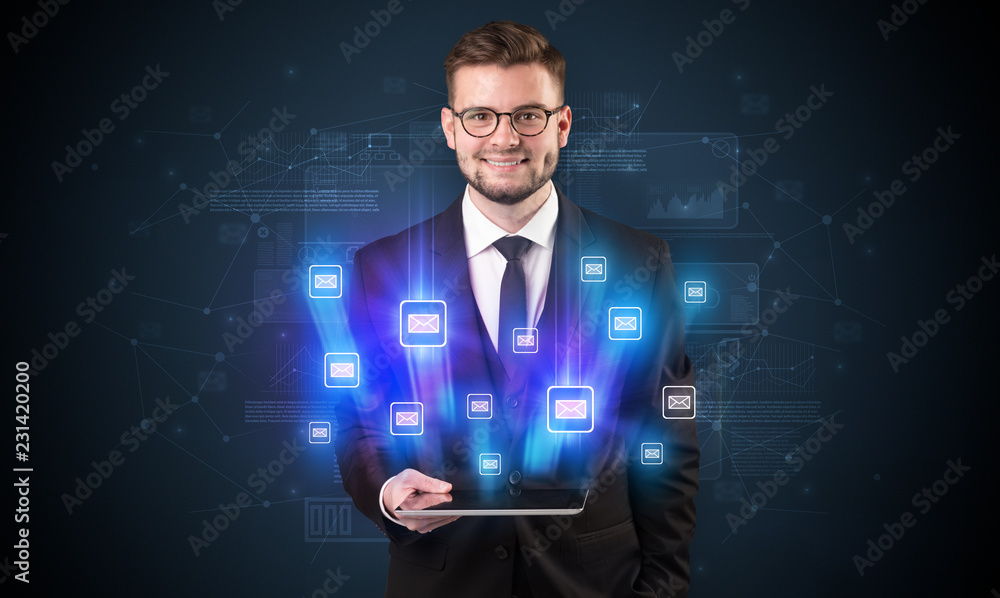 Mailing concept on a tablet with spectacled businessman on the background
Mailing concept on a tablet with spectacled businessman on the background