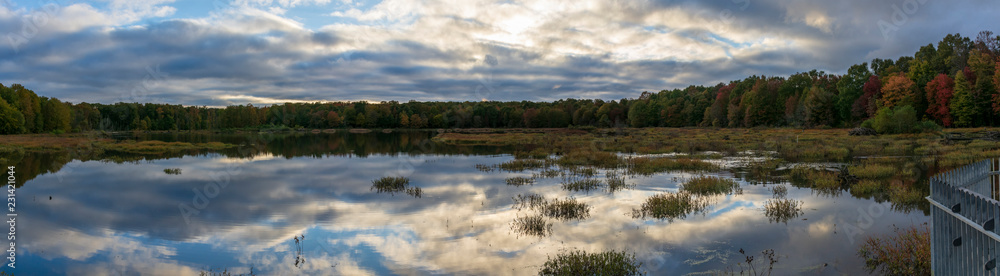 Puffy blue and white clouds are reflected in the still, mirror-like surface of a Virginia marshland. Meanwhile, green, orange, and red leaves adorn the trees in a surrounding forest. 