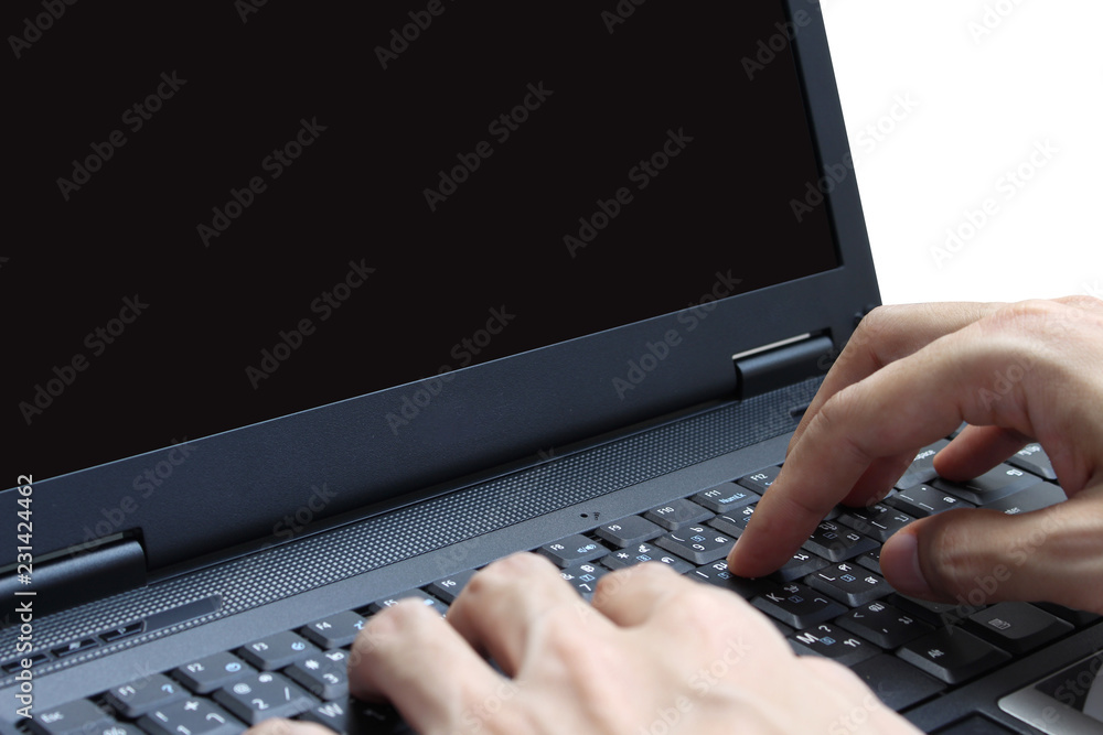 Man hand use laptop computer blank screen Man hand use laptop computer blank screen