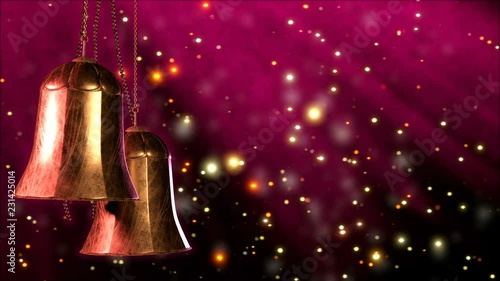two rotating christmas bells with glitter bokeh background. Seamless loop. 3D render photo