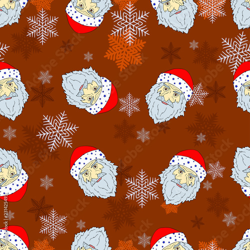 Seamless Christmas pattern of the heads of the Romany Santa Claus with snowflakes