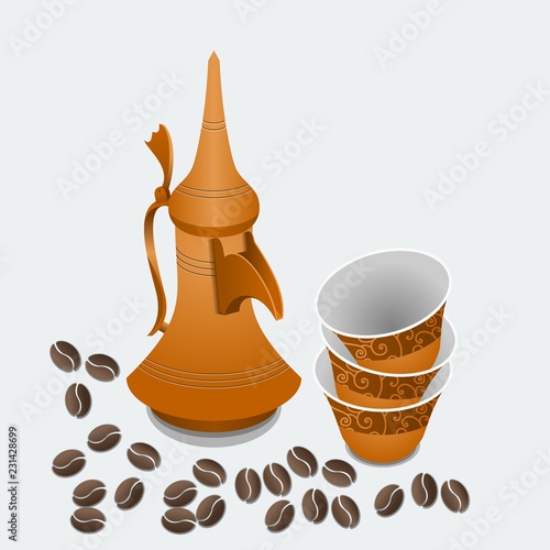 Isolated Three-Quarter Top View Arabian Dallah Coffee Pot and Finjan Cups Stack with Roasted Beans Vector Illustration for Middle Eastern Culture Tradition Cafe and Islamic Moments Design