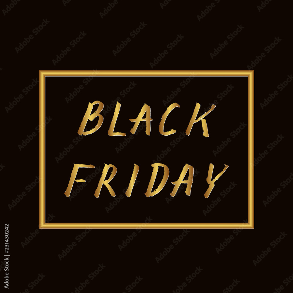 Gold lettering Black Friday hand written with brush. Grunge style drawing on black background. Seasonal sale banner.