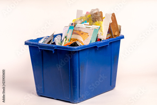 Recycle Container with cardboard, glass, plastic and other assorted