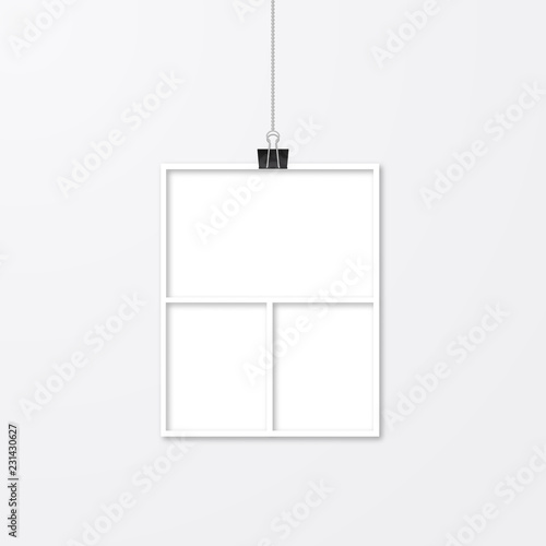 Realistic empty paper photo frame hanging by binder clips on white wall. Wedding album page mockup.