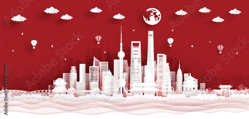 Panorama postcard and travel poster of world famous landmarks of Shanghai, China skyline in paper cut style vector illustration