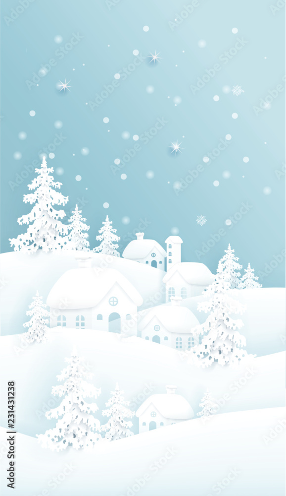 Christmas card with Christmas village and falling snow in paper cut ...