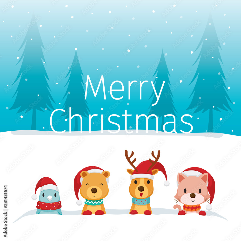 Christmas Celebration, Four Animals Happy in Snowdrift, New Year, Xmas, Festive, Celebrations, Holiday Christmas Celebration, Four Animals Happy in Snowdrift, New Year, Xmas, Festive, Celebrations, Holiday