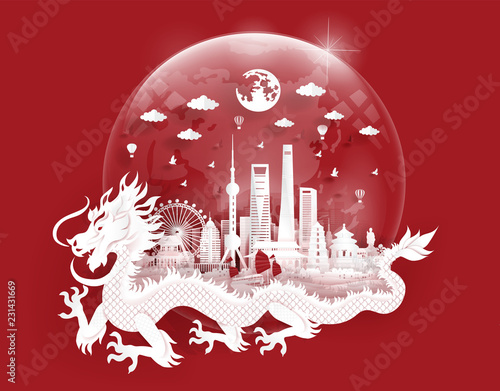 Shanghai landmarks with dragon in a glassball of world map in paper cut style vector illustration. Travel poster, post card and tour company. 