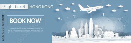 Flight and ticket advertising template with travel to Hong Kong concept with famous landmarks in paper cut style vector illustration