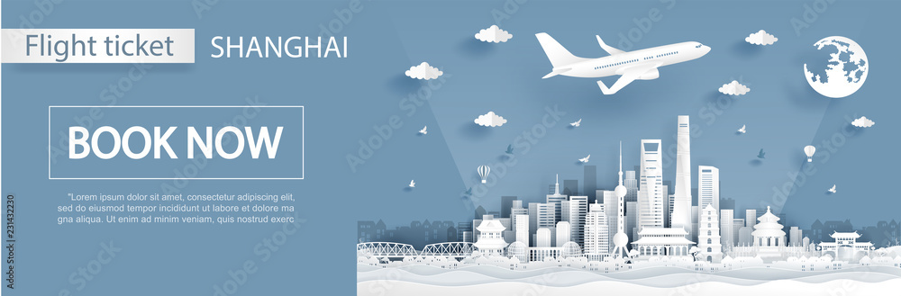 Flight and ticket advertising template with travel to Shanghai concept with famous landmarks in paper cut style vector illustration