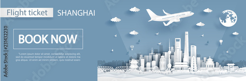 Flight and ticket advertising template with travel to Shanghai concept with famous landmarks in paper cut style vector illustration