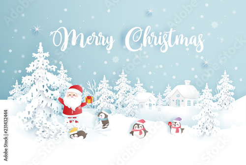 Merry Christmas with Santa and penguins in a snow forest with trees and snowflakes. Christmas card vector illustration.