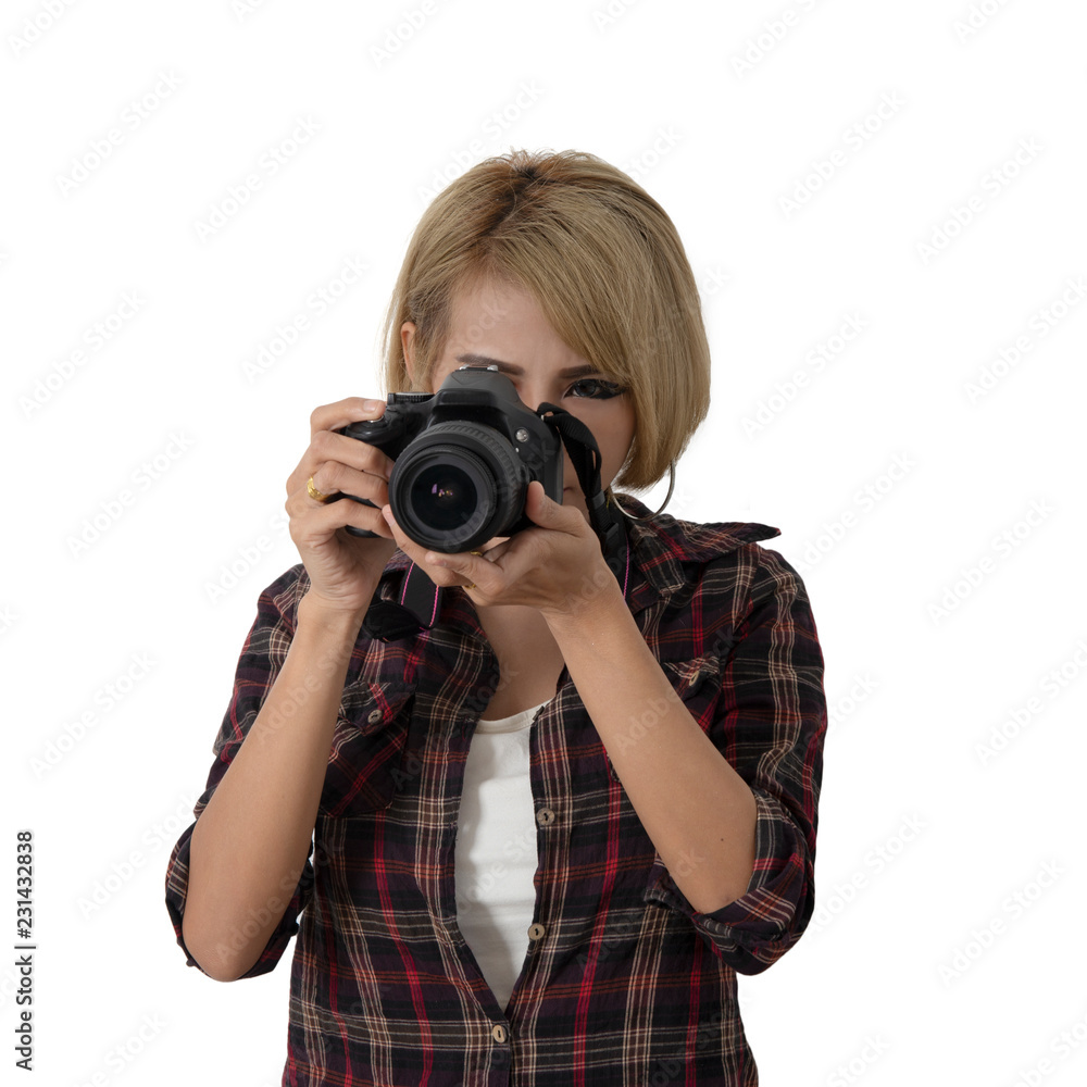 Girl holding professional camera on white background. Girl holding professional camera on white background.