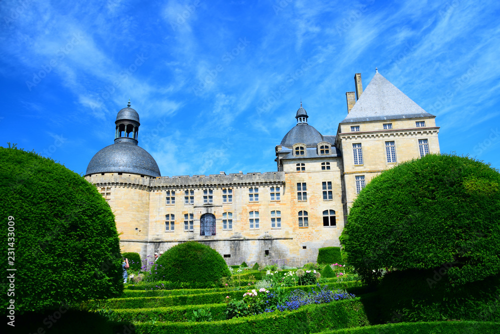 The gardens and outer walls of the magnificent Chateau de Hautefort in Aquitaine, France The gardens and outer walls of the magnificent Chateau de Hautefort in Aquitaine, France