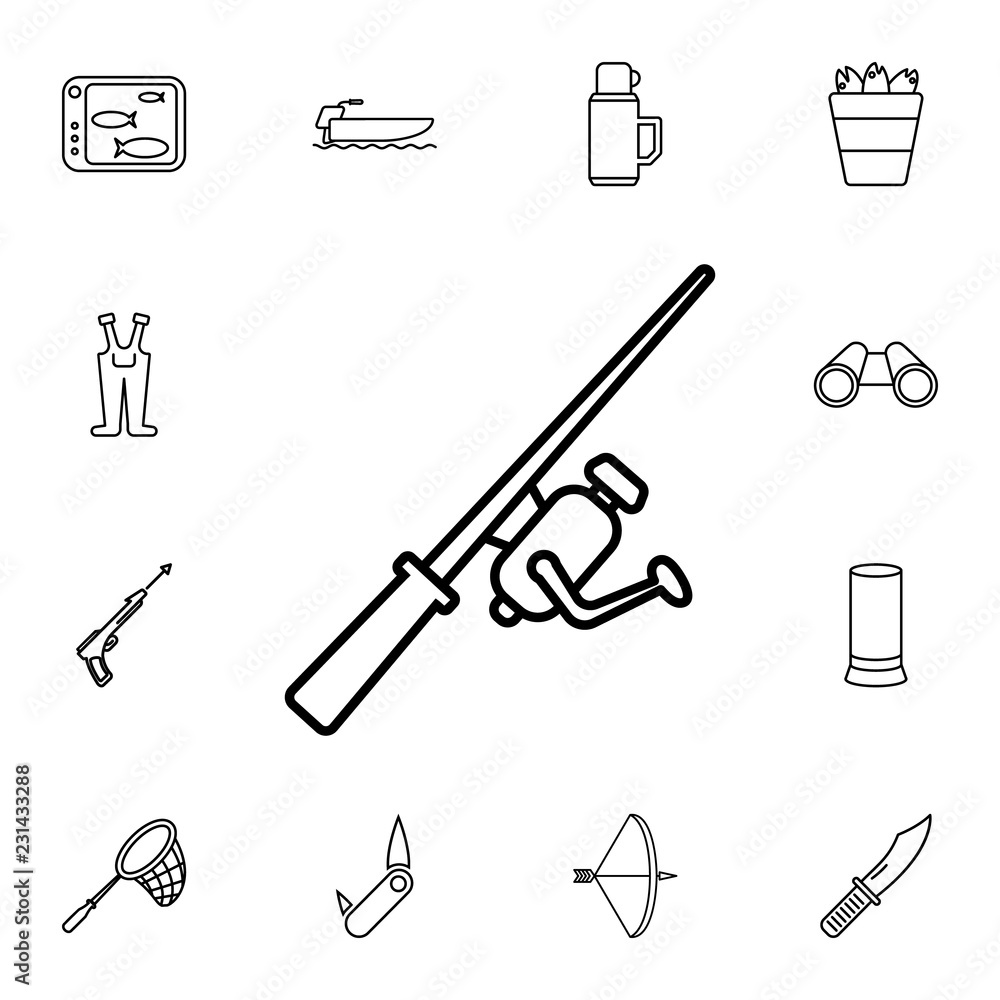 Fishing rod icon. Detailed set of diving, fishing and hunting icons. Premium quality graphic design icon. One of the collection icons for websites, web design, mobile app Fishing rod icon. Detailed set of diving, fishing and hunting icons. Premium quality graphic design icon. One of the collection icons for websites, web design, mobile app