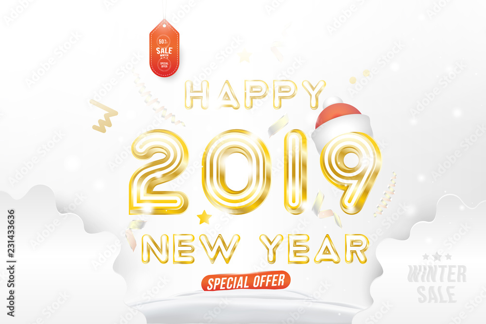 Sale Banner Happy new year 2019 with original gold shining font and super offer 50% Creative template with decoration elements. Flat vector illustration EPS10