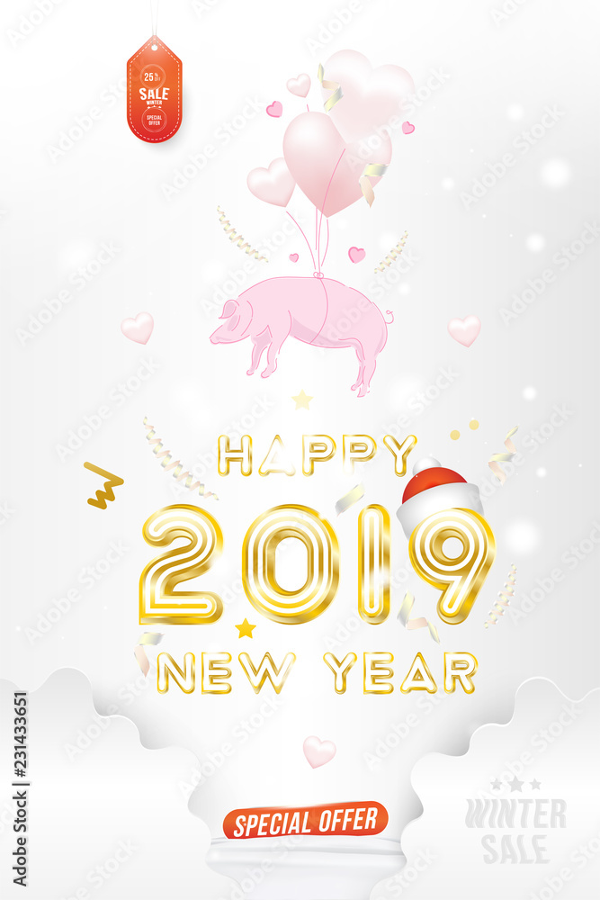 Sale Banner Happy new year 2019 with original gold shining font and super offer 25% Postcard with pink pig zodiac sign and with balloons in the form of hearts on background with ribbons Sale Banner Happy new year 2019 with original gold shining font and super offer 25% Postcard with pink pig zodiac sign and with balloons in the form of hearts on background with ribbons
