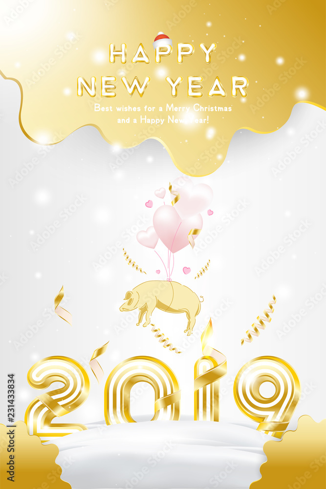 Postcard Happy new year 2019 with original gold shining font. Postcard with pink pig zodiac sign and with balloons in the form of hearts on background with ribbons. Flat vector illustration EPS10